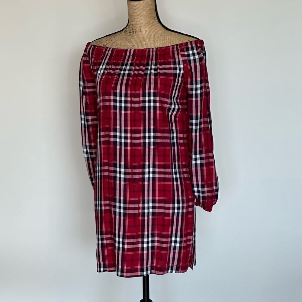 Chelsea and Theodore Off The Shoulder Plaid Dress.